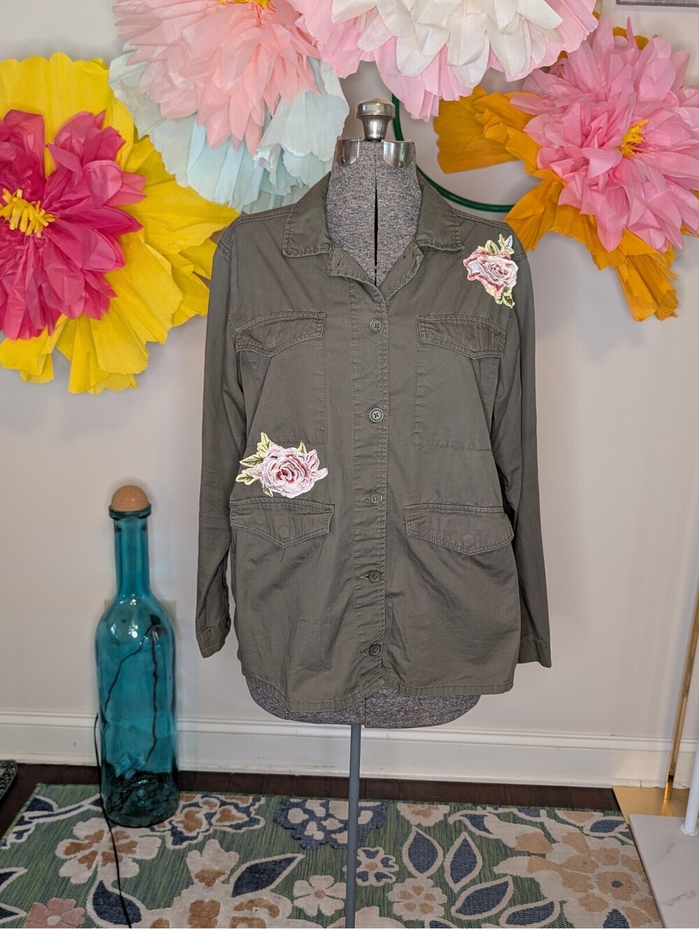 2147 - Louise Paris XL Olive Green Military Style Jacket with Floral Embroidery